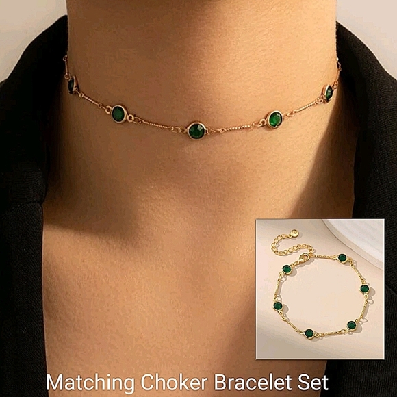 Emerald Green Gold Plated Zircon Choker Bracelet Matching Set - Picture 1 of 9